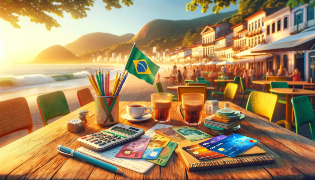 Seaside cafe workspace with Brazilian flag and currency.