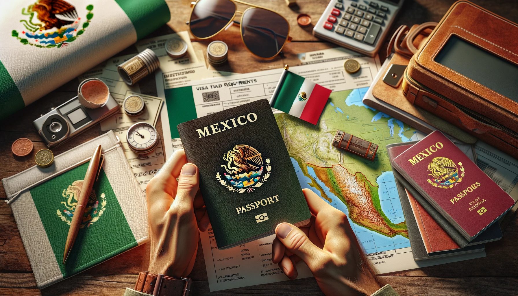 Travel essentials with Mexican passports and map.