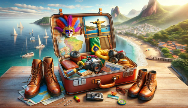 Illustrated travel suitcase with Rio de Janeiro landmarks.