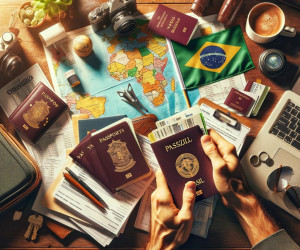 Travel planning with map, passports, and laptop on desk.