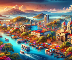 Vibrant tropical waterfront cityscape at sunset.