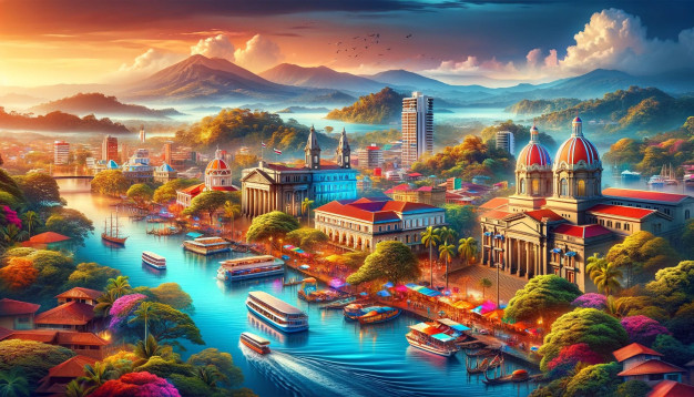 Vibrant tropical waterfront cityscape at sunset.