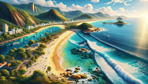 Scenic tropical beach with cityscape and mountains.