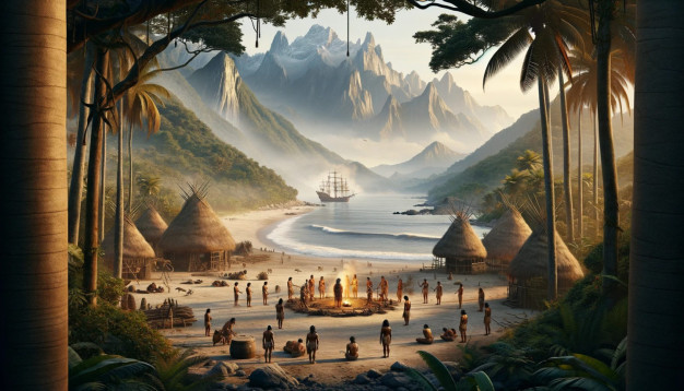 Tropical village scene with ship, mountains, and beach.
