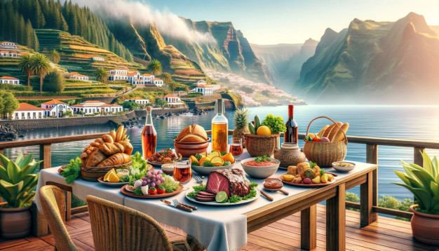Un restaurant pittoresque au bord de la mer, avec des plats et des boissons en abondance.