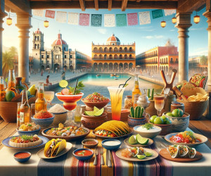 Festive Mexican feast with scenic town square view.