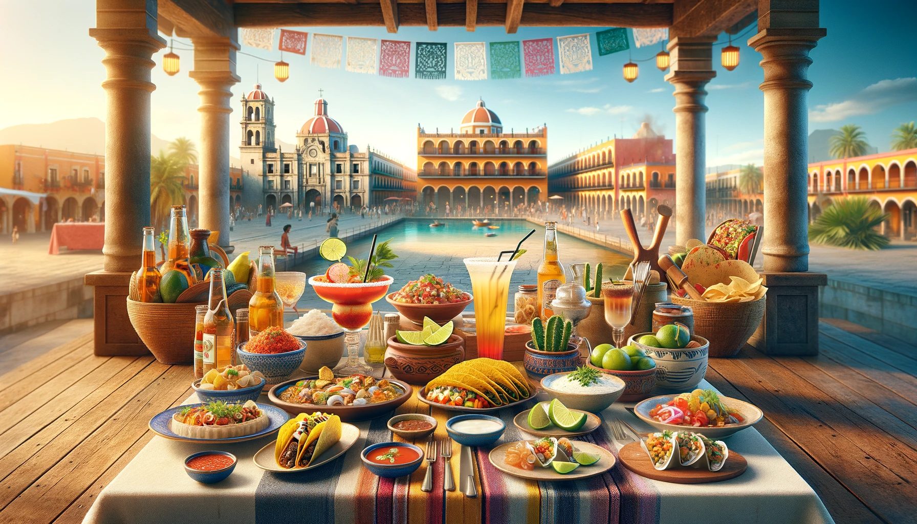 Festive Mexican feast with scenic town square view.