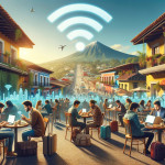 Outdoor cafe, digital nomads, volcano, colonial architecture, wifi symbol.