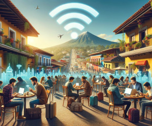 Outdoor cafe, digital nomads, volcano, colonial architecture, wifi symbol.