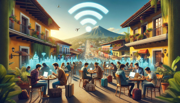 Café en plein air, nomades numériques, volcan, architecture coloniale, symbole wifi.