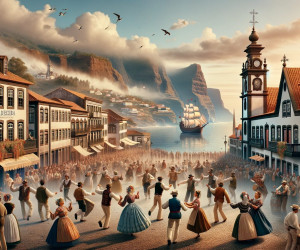 Historical town celebration, dancing, galleon, coastal cliffs, sunset.