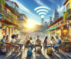 Outdoor café with free Wi-Fi signal illustration.