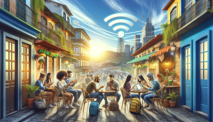 Café en plein air avec illustration du signal Wi-Fi gratuit.