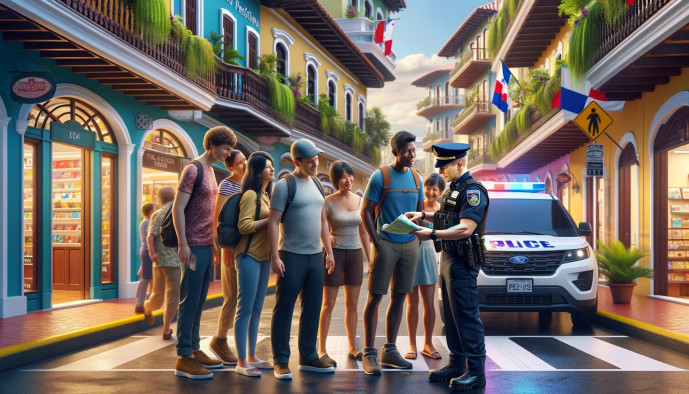 Animated tourists asking a policeman for directions.