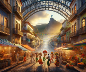 Vibrant street market scene in Brazilian setting.