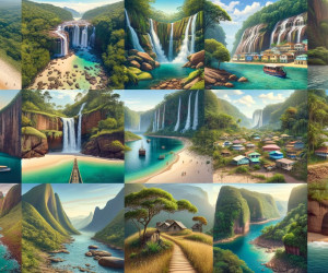 Collage of stunning, diverse landscapes with waterfalls and beaches.