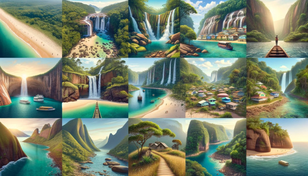 Collage of stunning, diverse landscapes with waterfalls and beaches.