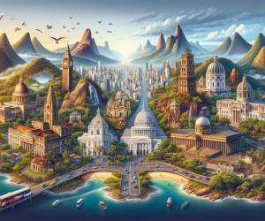 Fantasy cityscape with iconic landmarks and natural beauty.