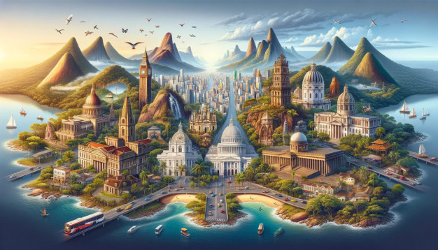 Fantasy cityscape with iconic landmarks and natural beauty.