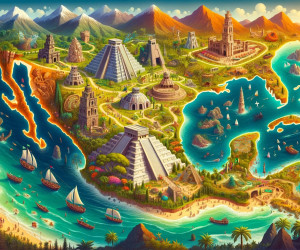 Vibrant fictional landscape with historical landmarks and natural wonders.