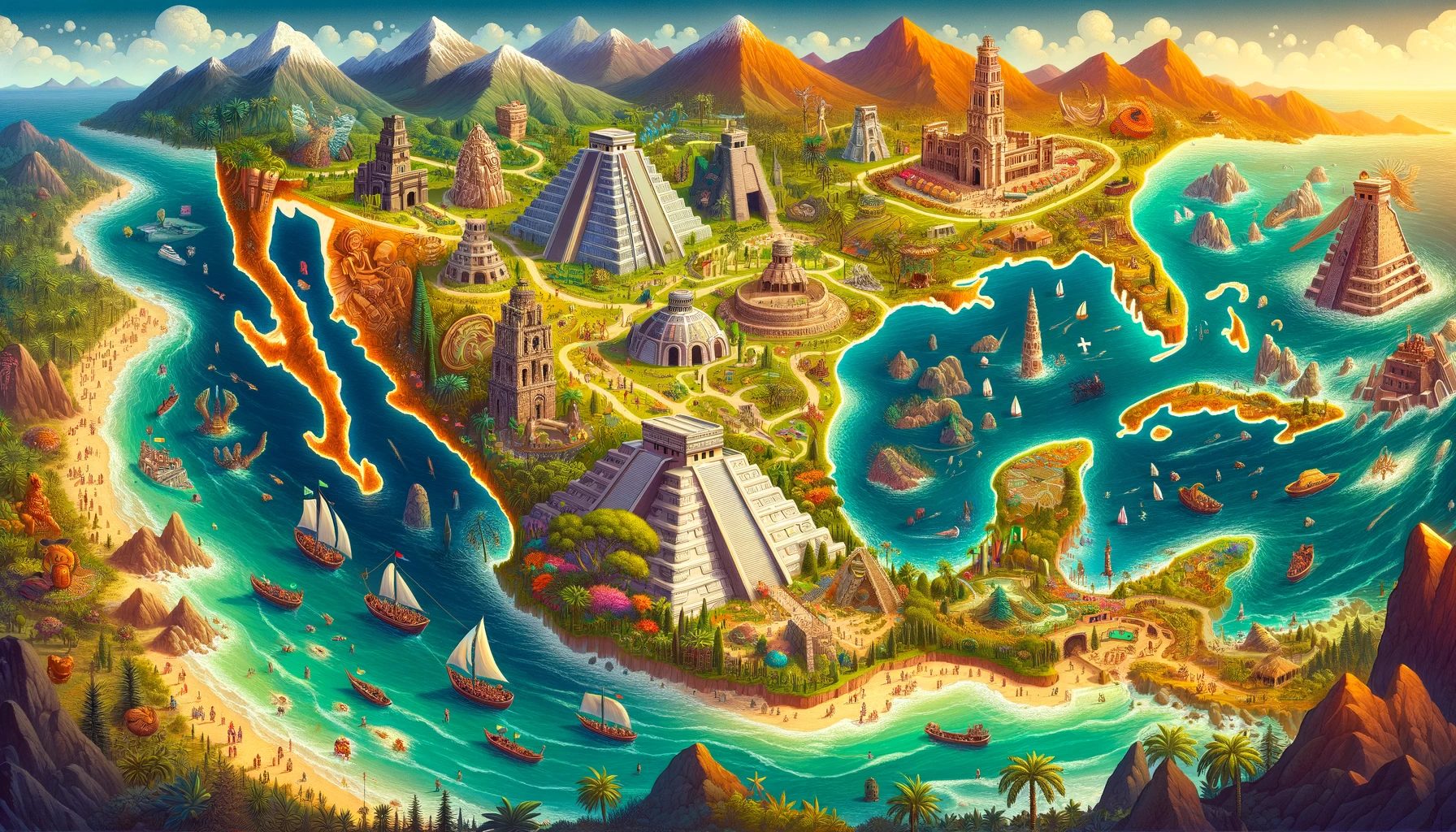 Vibrant fictional landscape with historical landmarks and natural wonders.