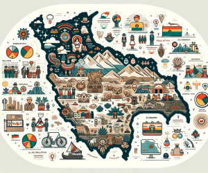 Illustrated cultural and economic country infographic map.