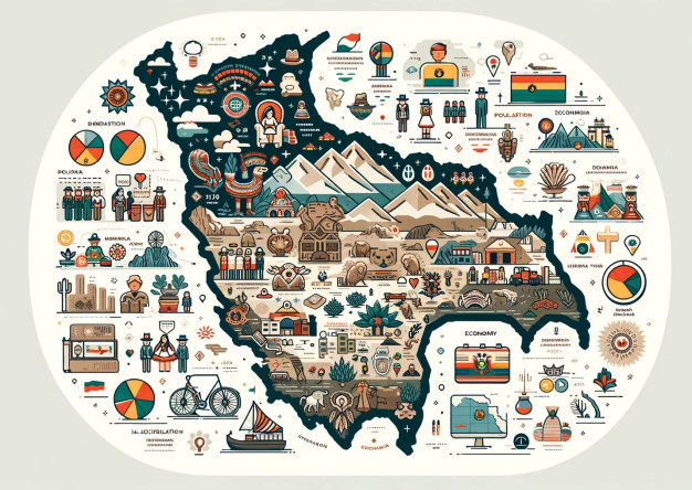 Illustrated cultural and economic country infographic map.