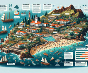 Illustrated infographic poster of Madeira Island's landmarks and data.