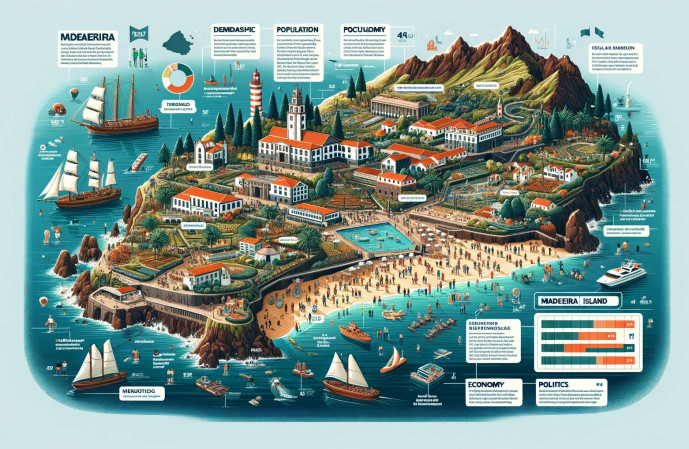 Affiche infographique illustrée des points de repère et des données de l'île de Madère.