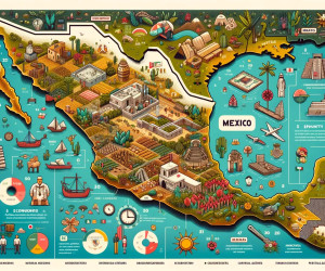 Illustrated cultural and historical map of Mexico.