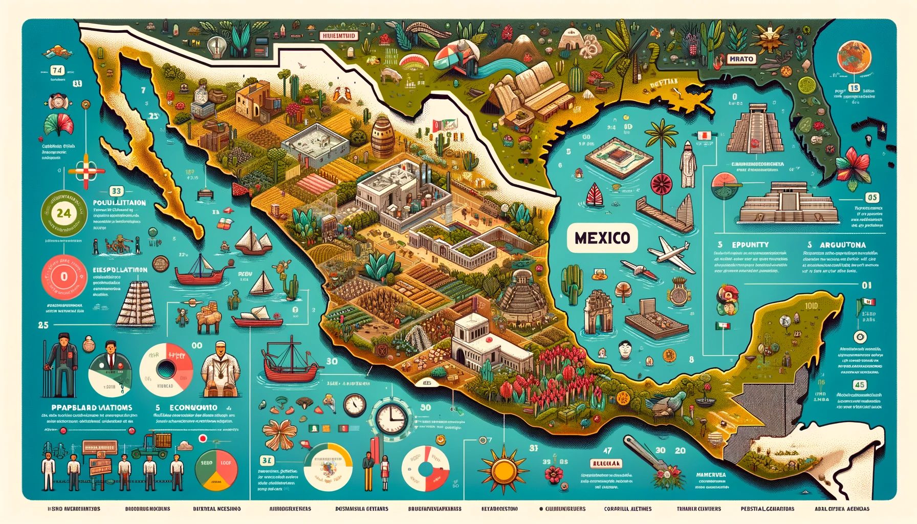 Illustrated cultural and historical map of Mexico.