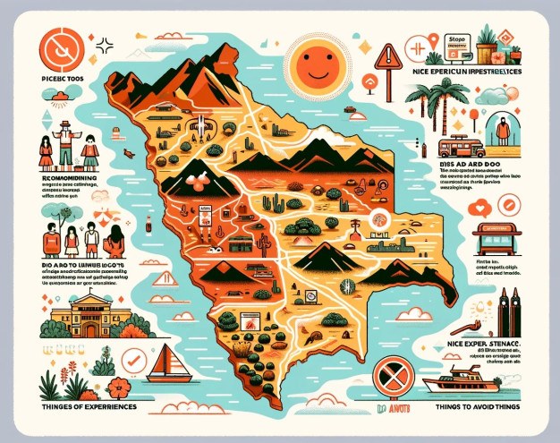 Illustrated map with icons and travel tips.