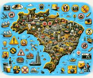 Colorful illustrated travel icons and landmarks map.