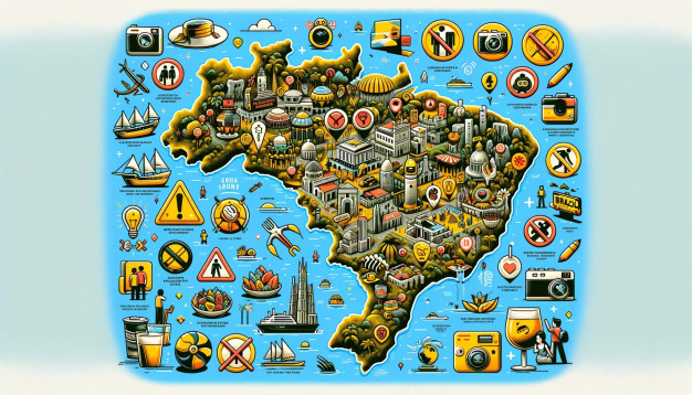 Colorful illustrated travel icons and landmarks map.