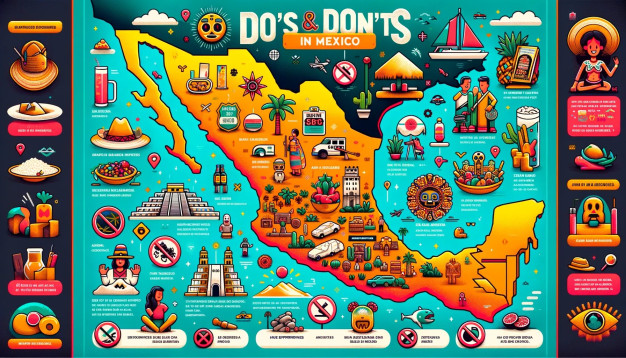 Guide de voyage illustré en couleurs sur les choses à faire et à ne pas faire au Mexique.