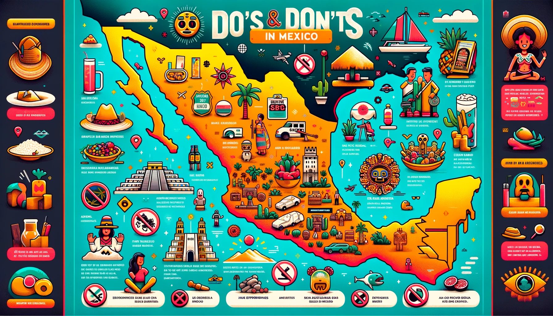 Colorful illustrated travel guide on dos and don'ts in Mexico.