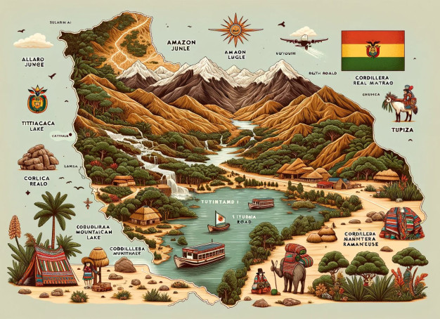 Illustrative map of a mountainous and jungle landscape with labels.
