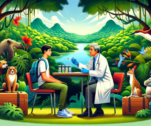 Illustration of vaccination in a vibrant, animal-filled jungle.