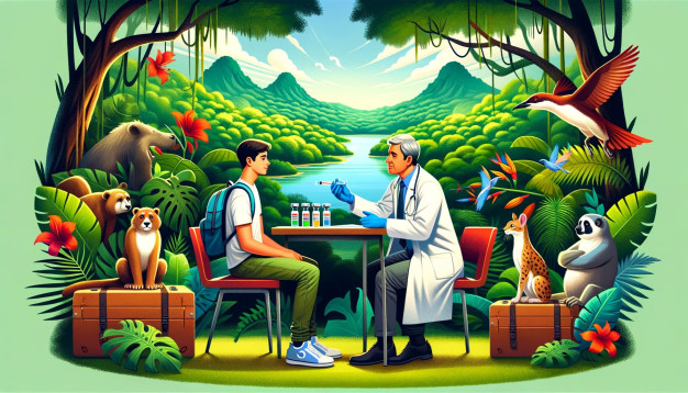 Illustration de la vaccination dans une jungle animée et remplie d'animaux.