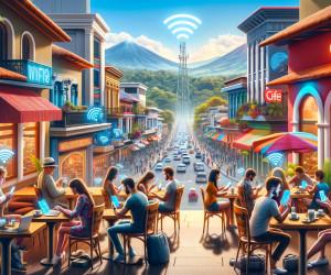 Colorful street bustling with people using Wi-Fi outdoors.