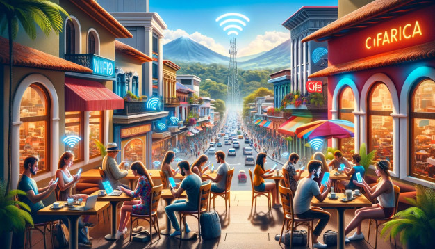 Colorful street bustling with people using Wi-Fi outdoors.