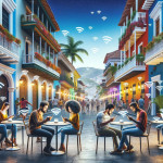 Colorful streetscape with people using Wi-Fi outdoors.