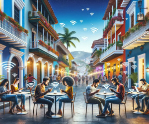 Colorful streetscape with people using Wi-Fi outdoors.