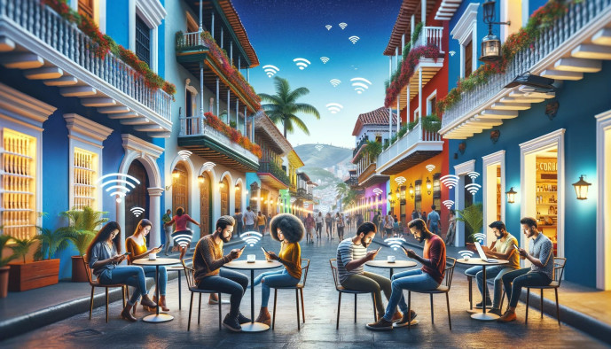 Colorful streetscape with people using Wi-Fi outdoors.