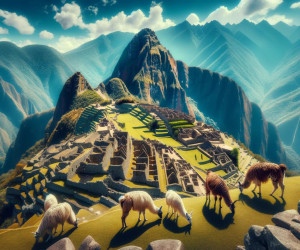 Machu Picchu with llamas and mountain landscape.