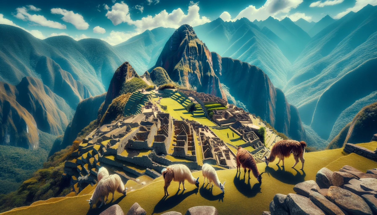 Machu Picchu with llamas and mountain landscape.
