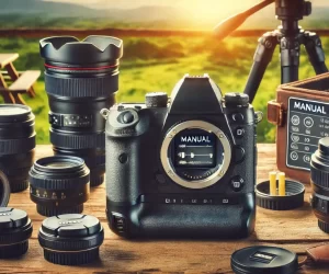 Professional camera and lenses on wooden table outdoors.