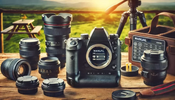 Professional camera and lenses on wooden table outdoors.