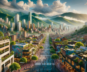 Urban landscape, mountains, sunset, pedestrians, modern cityscape.