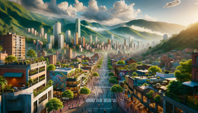 Urban landscape, mountains, sunset, pedestrians, modern cityscape.